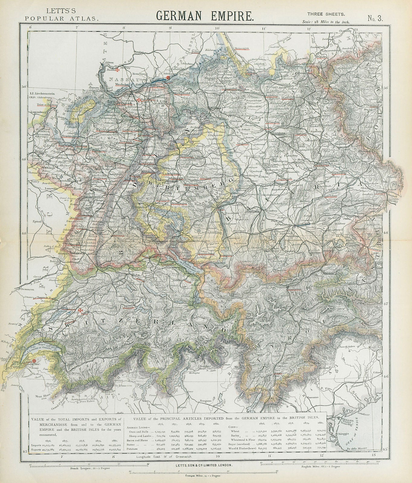 SOUTH GERMANY SWITZERLAND AUSTRIA Baden Württemberg Bavaria Tyrol 1883 old map